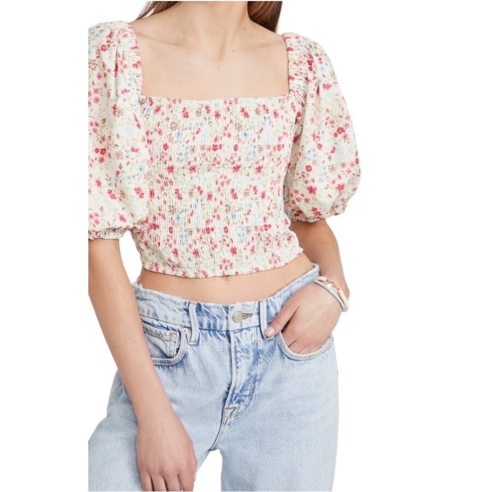 Sokie Collective Shirt‎ Women Small Greenwich Floral Puff Sleeve Smocked Top NWT